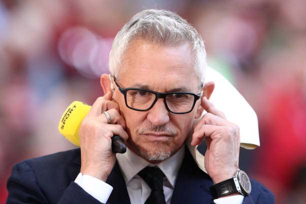 Gary Lineker looks on prior to The Emirates FA Cup Semi-Final match between Manchester City and Liverpool at Wembley Stadium on April 16, 2022 in...