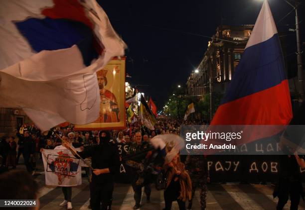 People stage a protest against Serbia's approval of Russia's removal from the United Nations Human Rights Council in Belgrade, Serbia on April 15,...