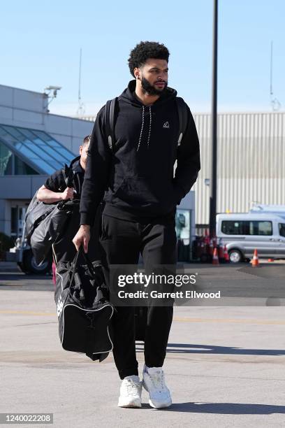 Jamal Murray of the Denver Nuggets boards the plane to travel to San Fransisco for the first round of the 2022 NBA Playoffs on April 14, 2022 at...