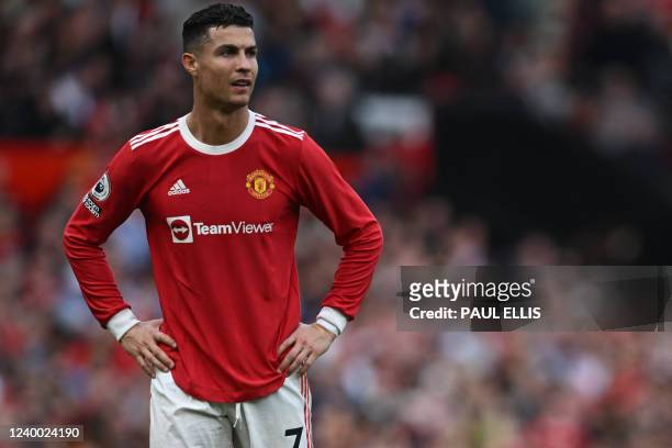 Manchester United's Portuguese striker Cristiano Ronaldo looks on during the English Premier League football match between Manchester United and...
