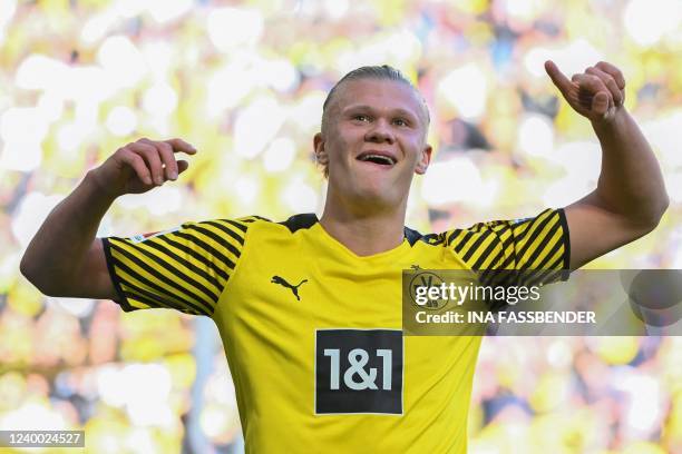 Dortmund's Norwegian forward Erling Braut Haaland celebrates scoring the 6-0 goal during the German first division Bundesliga football match Borussia...