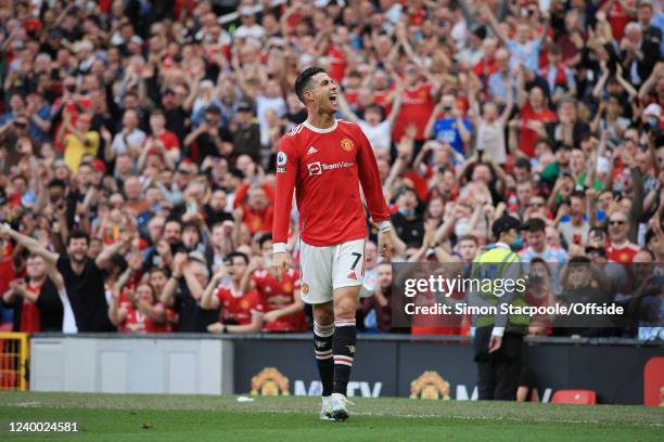 Cristiano Ronaldo of Manchester United celebrates after scoring their 3rd goal during the Premier League match between Manchester United and Norwich...
