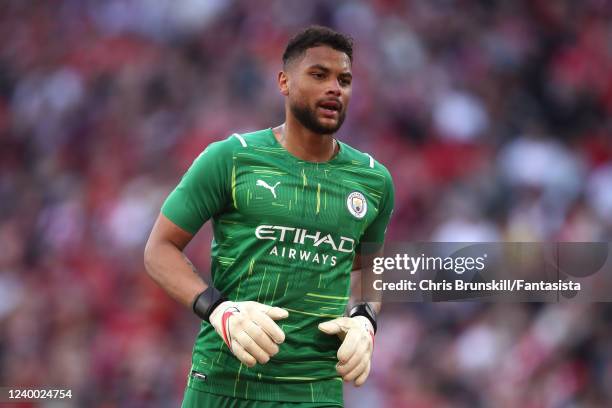 Zack Steffen of Manchester City looks on during The Emirates FA Cup Semi-Final match between Manchester City and Liverpool at Wembley Stadium on...