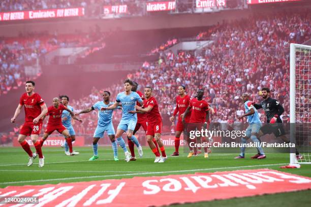 General View as Manchester City and Liverpool players wait for a corner kick during The Emirates FA Cup Semi-Final match between Manchester City and...