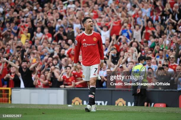 Cristiano Ronaldo of Manchester United celebrates after scoring their 3rd goal during the Premier League match between Manchester United and Norwich...