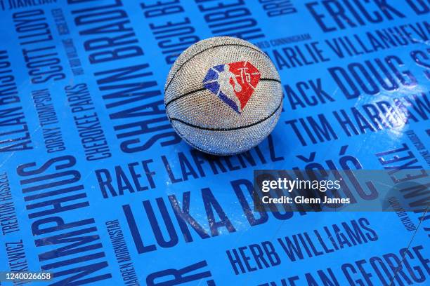 An NBA 75th Anniversary ball sits on the court before the game between the Utah Jazz and the Dallas Mavericks during Round 1 Game 1 of the 2022 NBA...