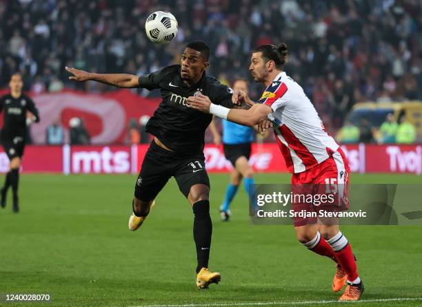 Ricardo Gomes of Partizan in action against Aleksandar Dragovic of Crvena Zvezda during the Serbian Super Liga on stadium Rajko Mitic on April 16,...