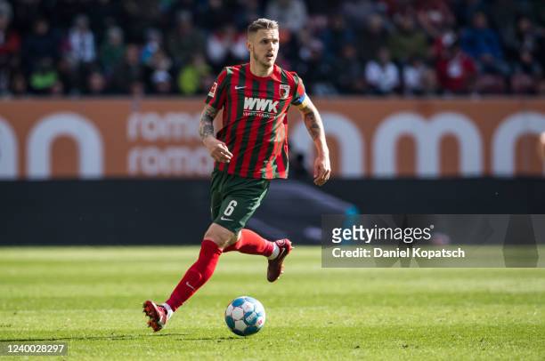 Jeffrey Gouweleeuw of Augsburg in action during the Bundesliga match between FC Augsburg and Hertha BSC at WWK-Arena on April 16, 2022 in Augsburg,...