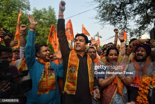 Leader Kapil Mishra along with his supporters raise slogans on the occasion of Hanuman Jayanti outside Hanuman Temple at Connaught Place on April 16,...