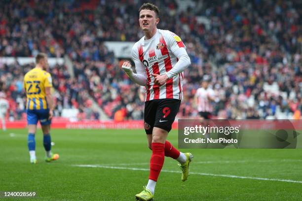 Sunderland's Nathan Broadhead celebrates his first goal during the Sky Bet League 1 match between Sunderland and Shrewsbury Town at the Stadium Of...