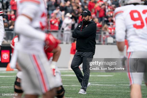 Ohio State Buckeyes Head Coach Ryan Day looks on during the The LiFEsports Spring Game, presented by Union Home Mortgage at Ohio Stadium in Columbus,...