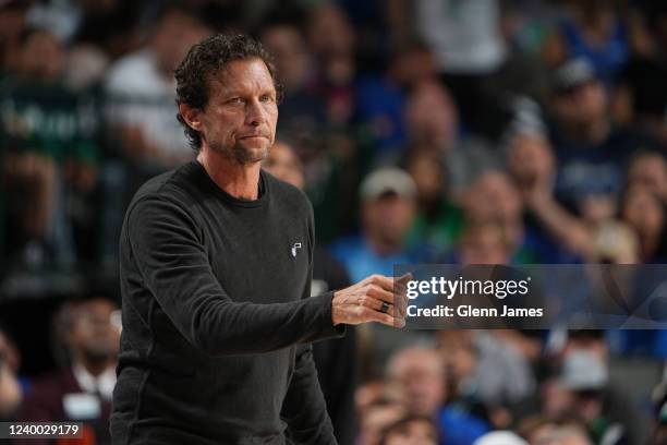 Head Coach Quin Snyder of the Utah Jazz looks on during the game against the Dallas Mavericks during Round 1 Game 1 of the 2022 NBA Playoffs on April...
