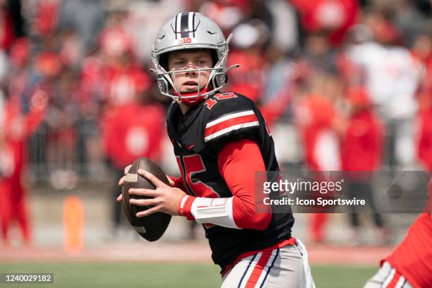 Devin Brown of the Ohio State Buckeyes looks to pass the ball during the The LiFEsports Spring Game, presented by Union Home Mortgage at Ohio Stadium...