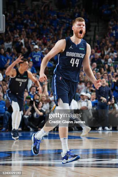 Davis Bertans of the Dallas Mavericks reacts to a play during the game against the Utah Jazz during Round 1 Game 1 of the 2022 NBA Playoffs on April...