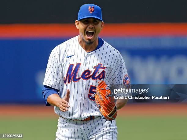 Carlos Carrasco of the New York Mets reacts after getting Carson Kelly of the Arizona Diamondbacks to fly out with the bases loaded to end the top of...