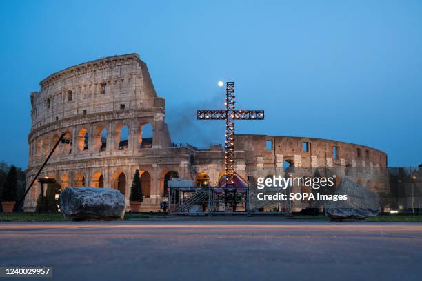 View of the Colosseum during the Via Crucis. Pope Francis presides over the Via Crucis torchlight procession at the ancient Colosseum on Good Friday...