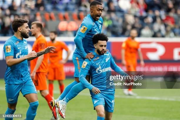 Yuri Alberto, Malcom and Claudinho of Zenit St. Petersburg celebrate a goal during the Russian Premier League match between FC Zenit Saint Petersburg...