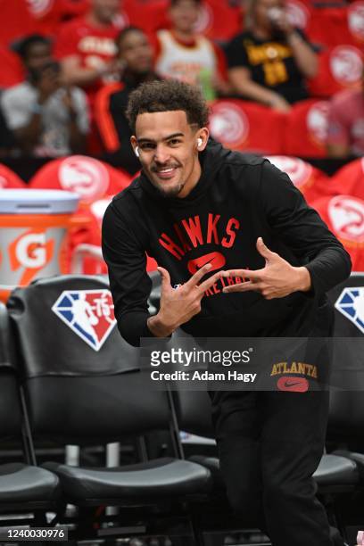 Trae Young of the Atlanta Hawks smiles prior to the game against the Charlotte Hornets during the 2022 Play-In Tournament on April 13, 2022 at State...