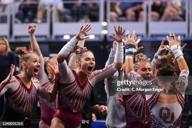 Jordan Bowers of the Oklahoma Sooners reacts with her team during the Division I Womens Gymnastics Championship held at Dickies Arena on April 16,...