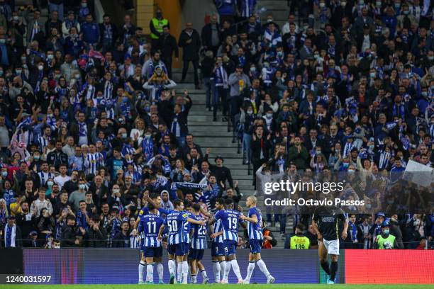 Evanilson of FC Porto celebrates after scores his sides fourth goal during the Liga Portugal Bwin match between FC Porto and Portimonense SC at...