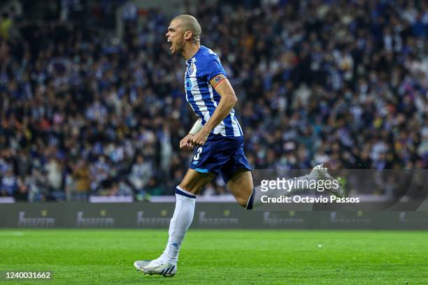 Pepe of FC Porto celebrates after scores his sides sixth goal during the Liga Portugal Bwin match between FC Porto and Portimonense SC at Estadio do...
