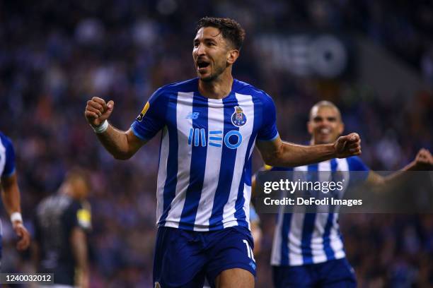 Marko Grujic of FC Porto celebrates after scoring his team's second goal during the Liga Portugal Bwin match between FC Porto and Portimonense SC at...