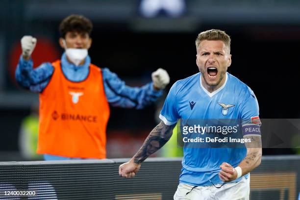 Ciro Immobile of SS Lazio celebrates after scoring his team's first goal during the Serie A match between SS Lazio and Torino FC at Stadio Olimpico...