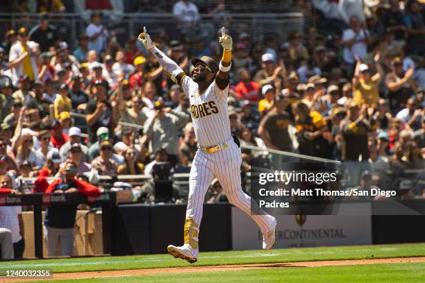 Jurickson Profar of the San Diego Padres celebrates after hitting a home run in the second inning against the Atlanta Braves on April 16, 2022 at...