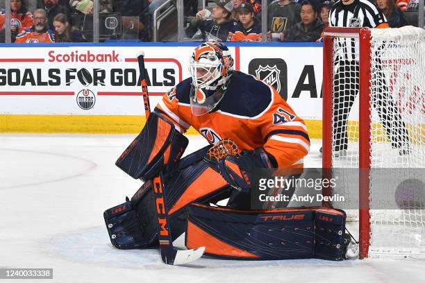 Mike Smith of the Edmonton Oilers prepares to make a save during the game against the Vegas Golden Knights on April 16, 2022 at Rogers Place in...