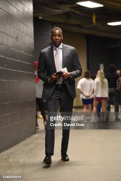 Masai Ujiri, the President of the Toronto Raptors, arrives to the arena before the game against the Philadelphia 76ers arrives to the arena before...