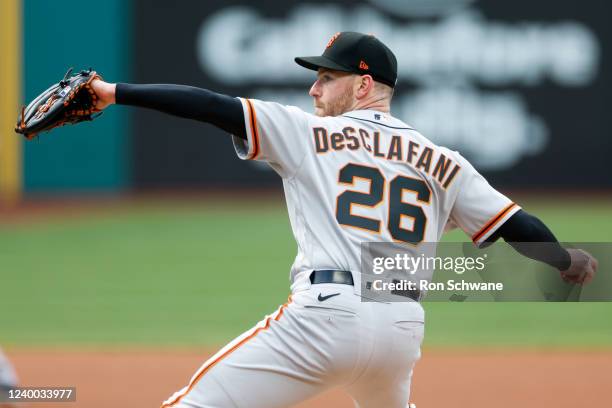 Anthony DeSclafani of the San Francisco Giants pitches against the Cleveland Guardians during the first inning at Progressive Field on April 16, 2022...