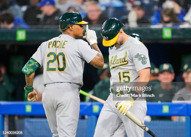 Cristian Pache of the Oakland Athletics celebrates his home run with Seth Brown against the Toronto Blue Jays in the ninth inning during their MLB...