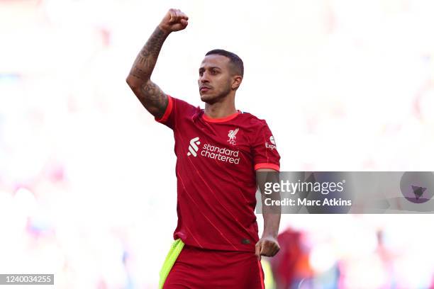 Thiago Alcantara of Liverpool celebrates the win during The Emirates FA Cup Semi-Final match between Manchester City and Liverpool at Wembley Stadium...