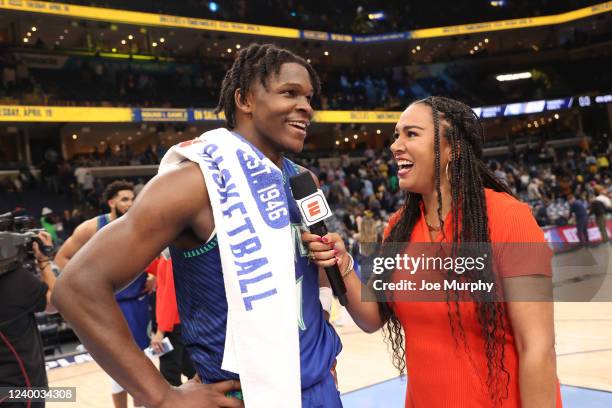 Reporter, Rosalyn Gold-Onwude interviews Anthony Edwards of the Minnesota Timberwolves after Round 1 Game 1 of the 2022 NBA Playoffs on April 16,...