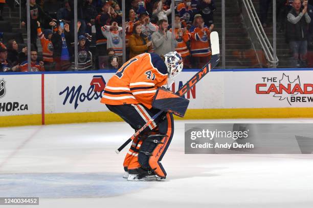 Mike Smith of the Edmonton Oilers celebrates after winning the game against the Vegas Golden Knights on April 16, 2022 at Rogers Place in Edmonton,...