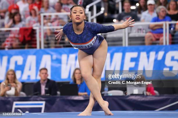 Sunisa Lee of the Auburn Tigers competes in the floor exercise during the Division I Womens Gymnastics Championship held at Dickies Arena on April...