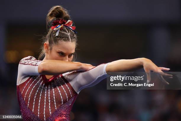 Jordan Bowers of the Oklahoma Sooners competes in the floor exercise during the Division I Womens Gymnastics Championship held at Dickies Arena on...