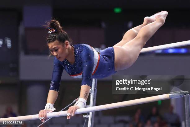 Sunisa Lee of the Auburn Tigers competes in the uneven bars during the Division I Womens Gymnastics Championship held at Dickies Arena on April 16,...