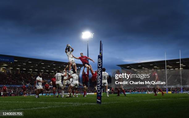 General view of play during the Heineken Champions Cup Round of 16 Leg Two match between Ulster Rugby and Stade Toulousain at Kingspan Stadium on...