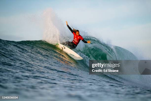 Courtney Conlogue of the United States surfs in Heat 1 of the Semifinals at the Rip Curl Pro Bells Beach on April 17, 2022 at Bells Beach, Victoria,...