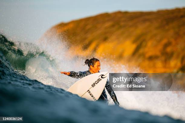 Two-time WSL Champion Tyler Wright of Australia surfs in Heat 1 of the Semifinals at the Rip Curl Pro Bells Beach on April 17, 2022 at Bells Beach,...