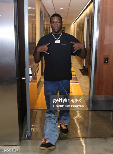 Kendrick Nunn of the Los Angeles Lakers arrives to the arena before the game against the Oklahoma City Thunder on April 8, 2022 at Cryto.com Arena in...