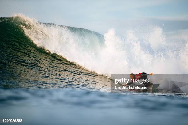 Courtney Conlogue of the United States surfs in Heat 1 of the Semifinals at the Rip Curl Pro Bells Beach on April 17, 2022 at Bells Beach, Victoria,...