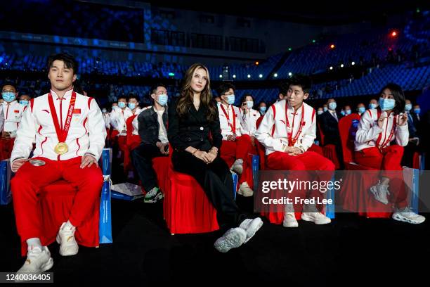 Skier Qi Guangpu, Freestyle skier Eileen Gu, Kexin Fan and Wenjing Sui of Team China attend the China Winter Sports Gala at Beijing Capital Gymnasium...