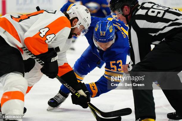 Jeff Skinner of the Buffalo Sabres lines up against Nate Thompson of the Philadelphia Flyers for a face-off during an NHL game on April 16, 2022 at...