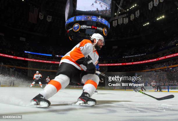 Nate Thompson of the Philadelphia Flyers skates against the Buffalo Sabres during an NHL game on April 16, 2022 at KeyBank Center in Buffalo, New...