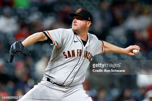 Jake McGee of the San Francisco Giants pitches against the Cleveland Guardians during the ninth inning at Progressive Field on April 16, 2022 in...