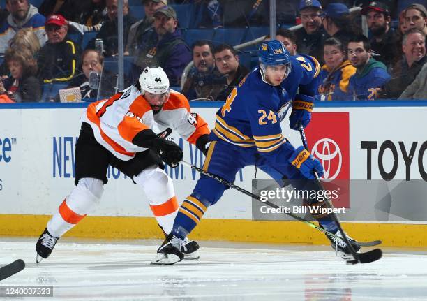 Dylan Cozens of the Buffalo Sabres controls the puck against Nate Thompson of the Philadelphia Flyers during an NHL game on April 16, 2022 at KeyBank...