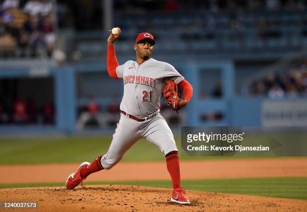 Starting pitcher Hunter Greene of the Cincinnati Reds throws against the Los Angeles Dodgers during the first inning of the game at Dodger Stadium on...