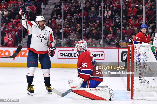 Alex Ovechkin of the Washington Capitals celebrates after scoring a goal against Sam Montembeault of the Montreal Canadiens in the NHL game at the...